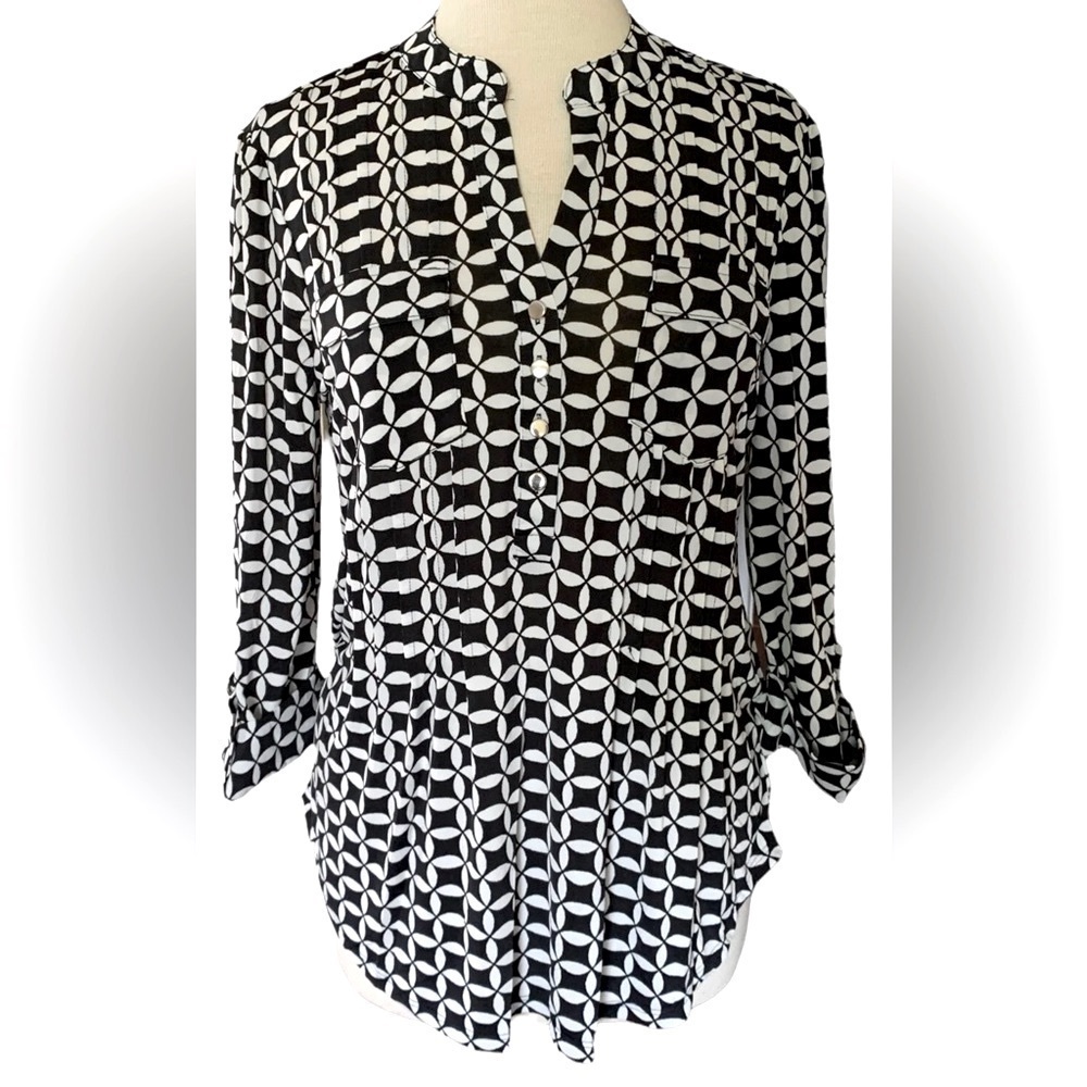 COCOMO XL Black White 3/4 sleeve women’s Pintuck Blouse top shirt